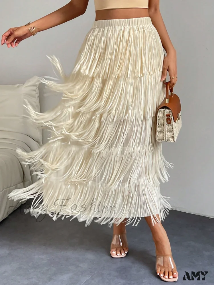 Amy Fashion - High Waist Fringe Trim Skirt - Image 3
