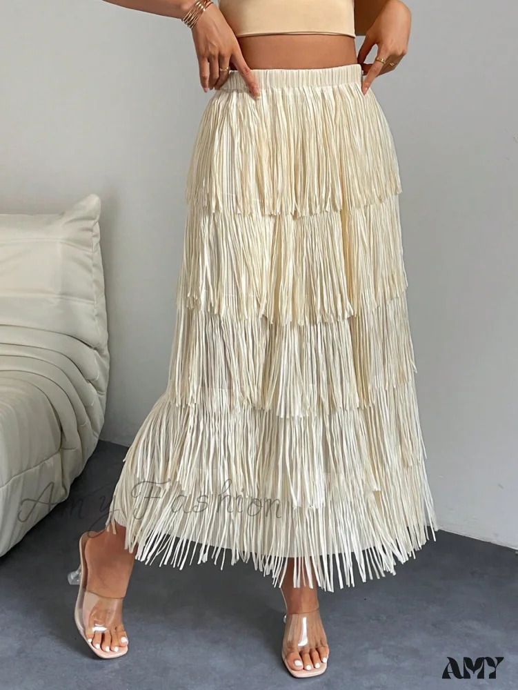 Amy Fashion - High Waist Fringe Trim Skirt - Image 4