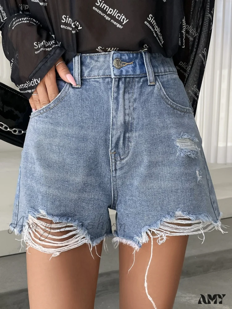 Amy Fashion - High Waist Ripped Raw Trim Denim Shorts