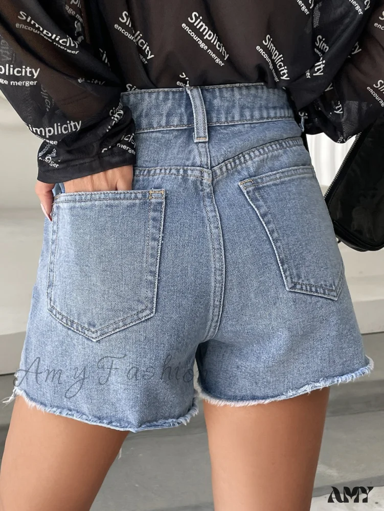 Amy Fashion - High Waist Ripped Raw Trim Denim Shorts - Image 2