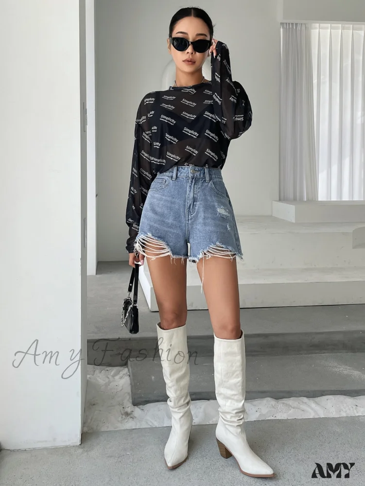 Amy Fashion - High Waist Ripped Raw Trim Denim Shorts - Image 3
