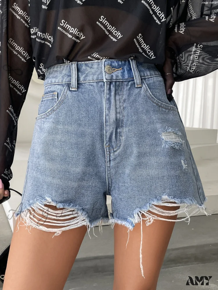 Amy Fashion - High Waist Ripped Raw Trim Denim Shorts - Image 8