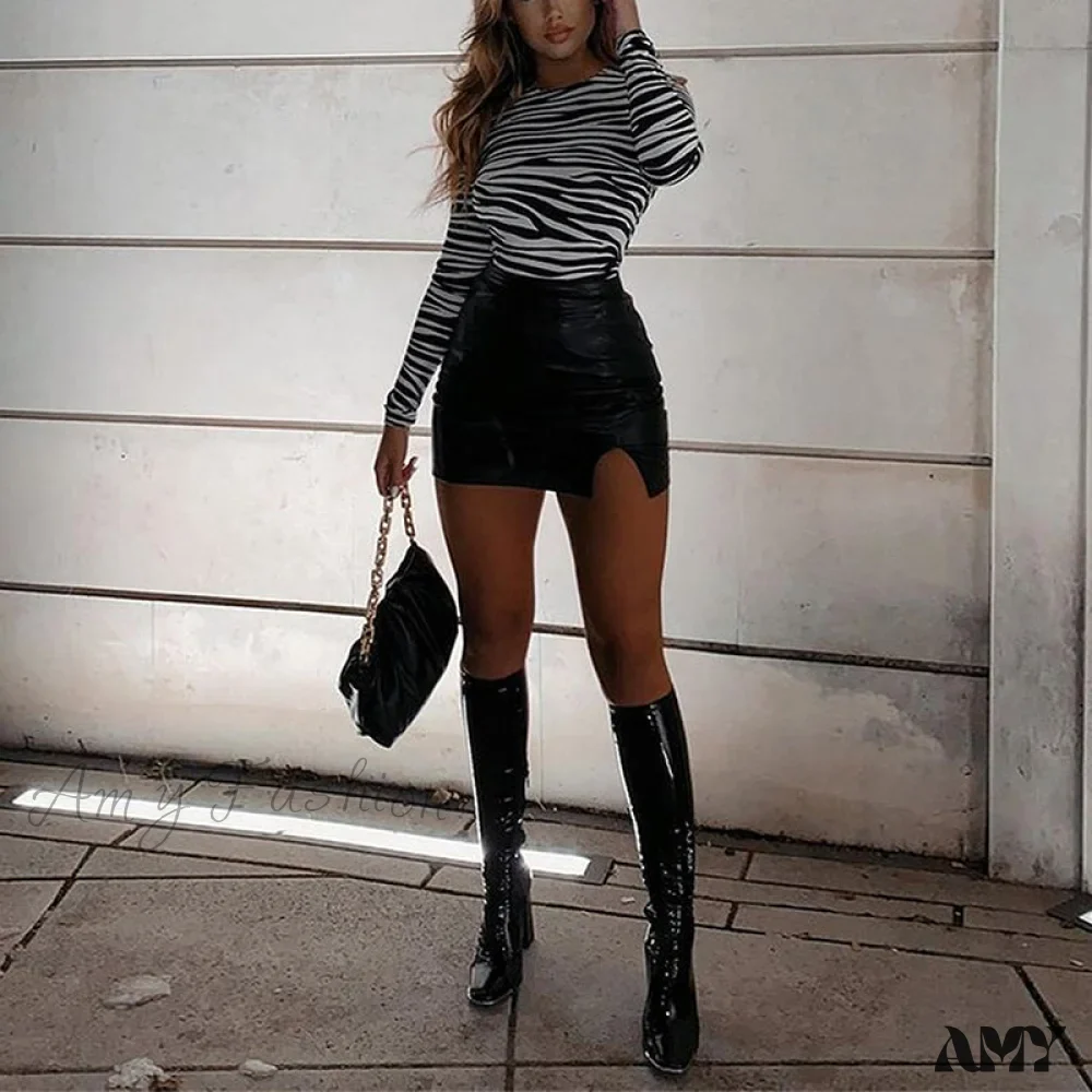 Amy Fashion - High Waist Split Pu Leather Mini Skirt - Image 4