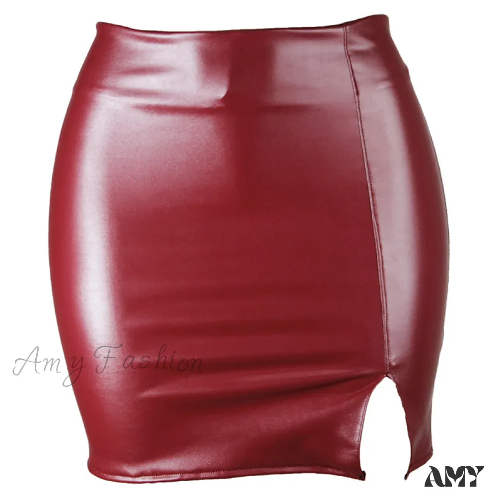 Amy Fashion - High Waist Split Pu Leather Mini Skirt - Image 5