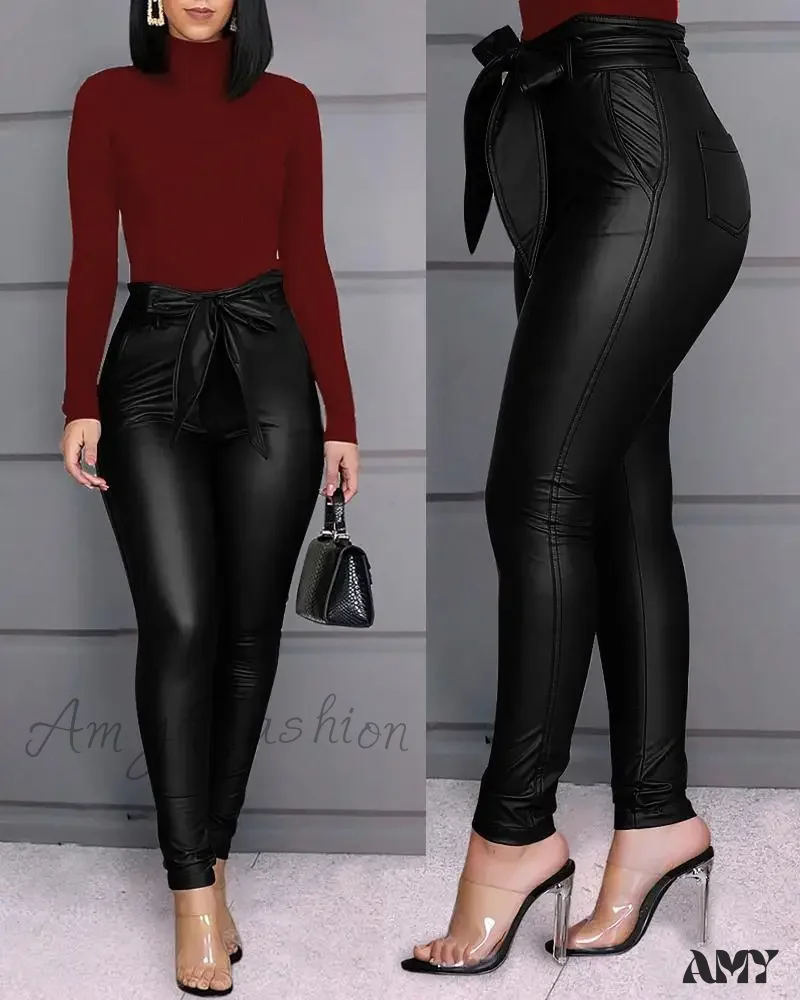 High Waist Stretch Button Fly Pocket Punk Pencil Pants - Image 4