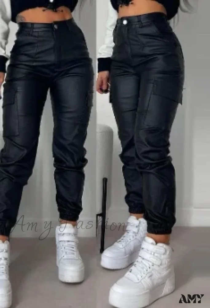 High Waist Stretch Button Fly Pocket Punk Pencil Pants - Image 5