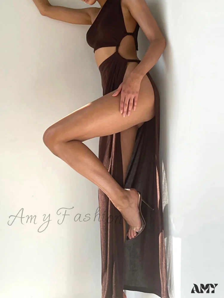 Amy Fashion - Lady Sleeveless Mock Side High Slit Cutout Dresses - Image 11
