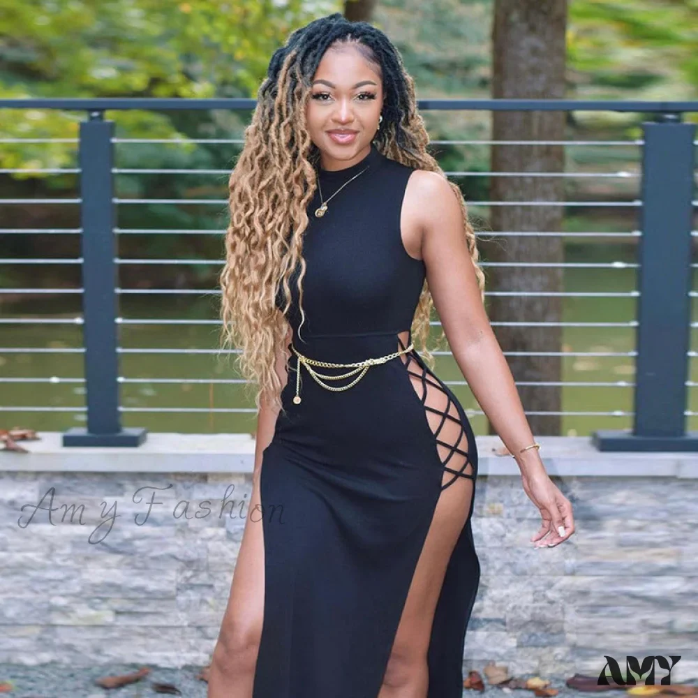 Amy Fashion - Lady Sleeveless Mock Side High Slit Cutout Dresses - Image 15