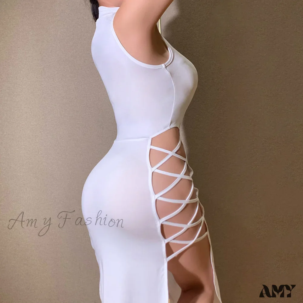 Amy Fashion - Lady Sleeveless Mock Side High Slit Cutout Dresses - Image 22