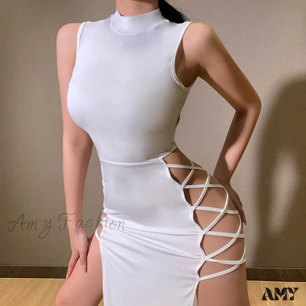 Amy Fashion - Lady Sleeveless Mock Side High Slit Cutout Dresses - Image 23