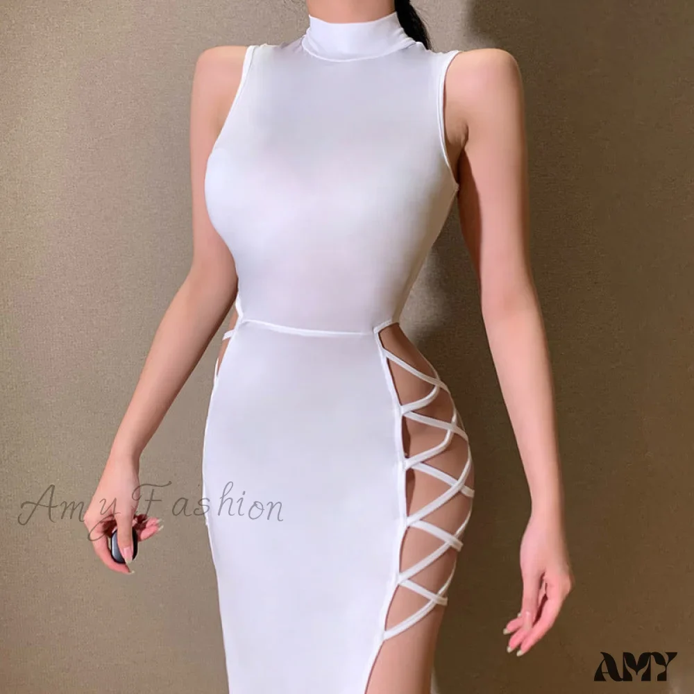 Amy Fashion - Lady Sleeveless Mock Side High Slit Cutout Dresses - Image 24