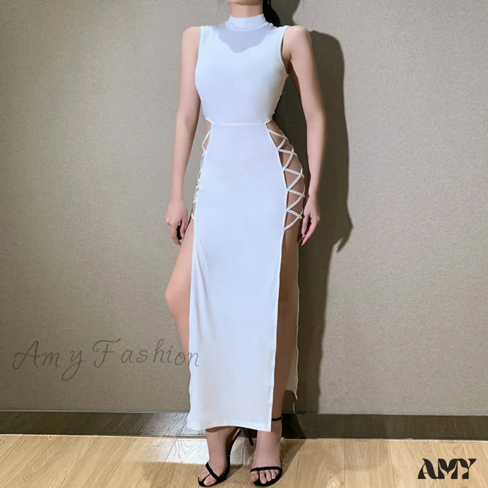 Amy Fashion - Lady Sleeveless Mock Side High Slit Cutout Dresses - Image 27
