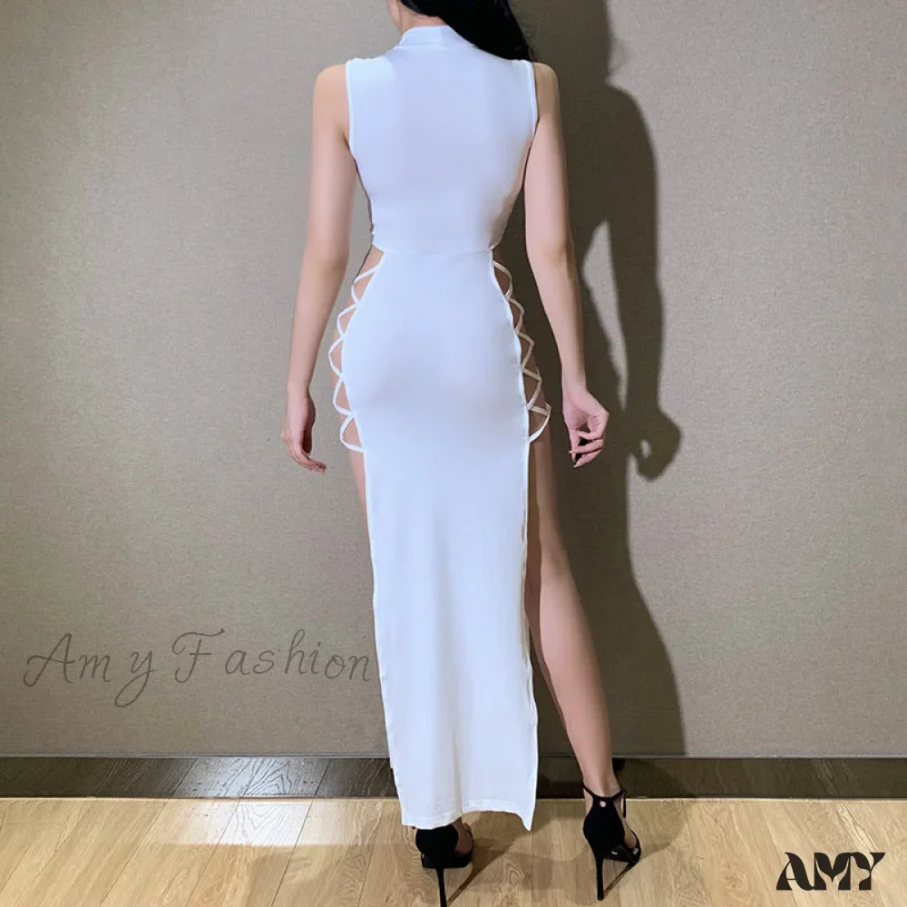 Amy Fashion - Lady Sleeveless Mock Side High Slit Cutout Dresses - Image 28