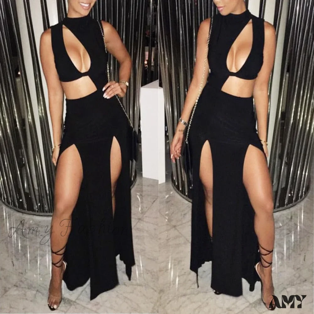 Amy Fashion - Lady Sleeveless Mock Side High Slit Cutout Dresses - Image 30
