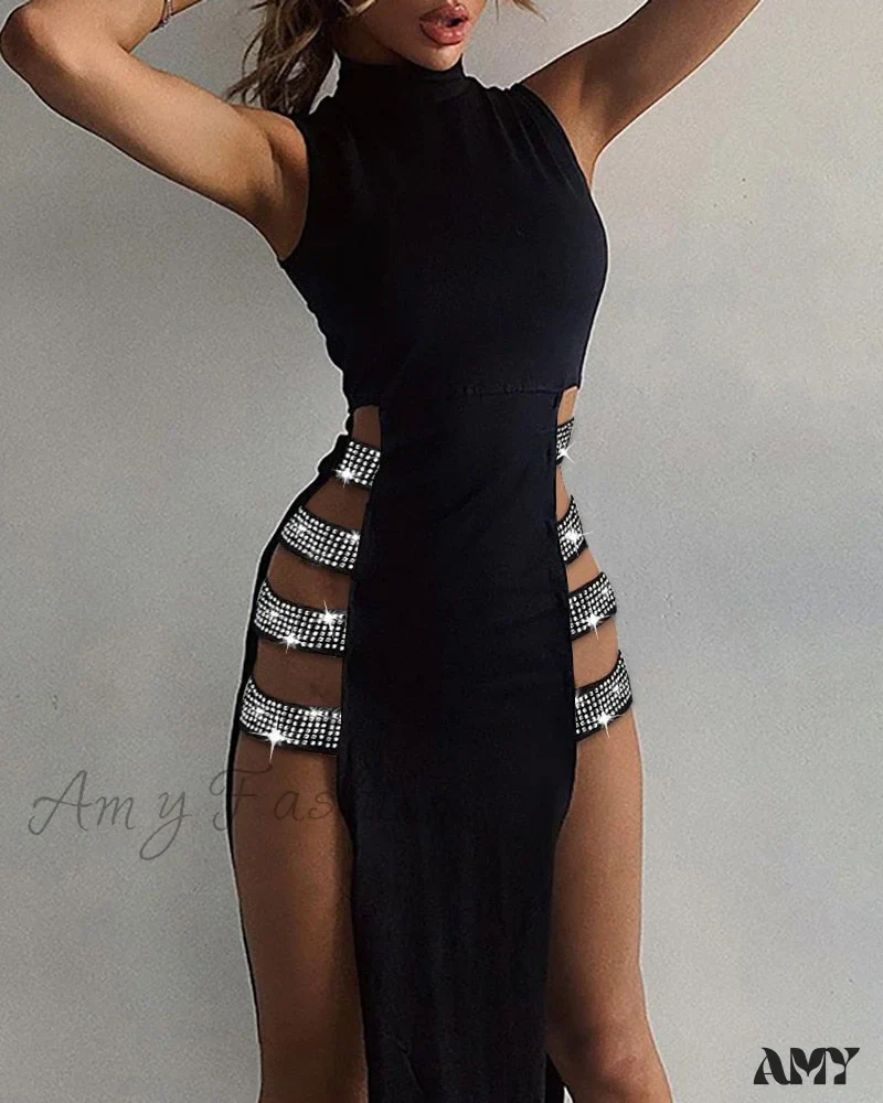 Amy Fashion - Lady Sleeveless Mock Side High Slit Cutout Dresses - Image 4