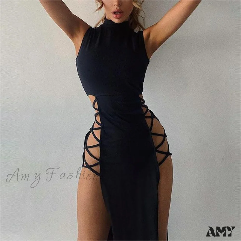 Amy Fashion - Lady Sleeveless Mock Side High Slit Cutout Dresses - Image 6