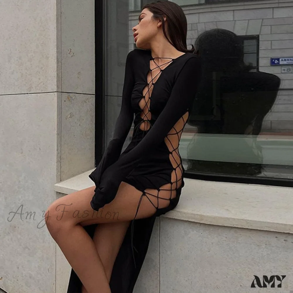 Amy Fashion - Lady Sleeveless Mock Side High Slit Cutout Dresses - Image 7