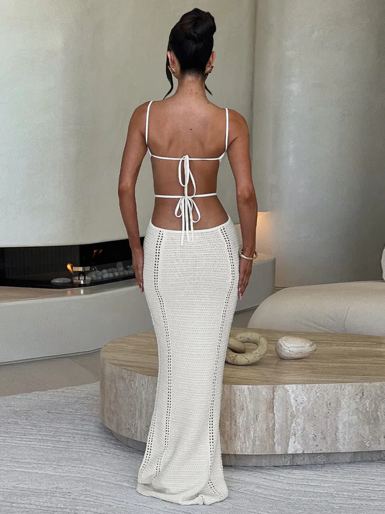 Hollow Knit Spaghetti White Bodycon Dress - Image 2