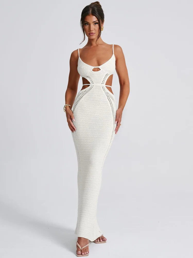 Hollow Knit Spaghetti White Bodycon Dress - Image 3
