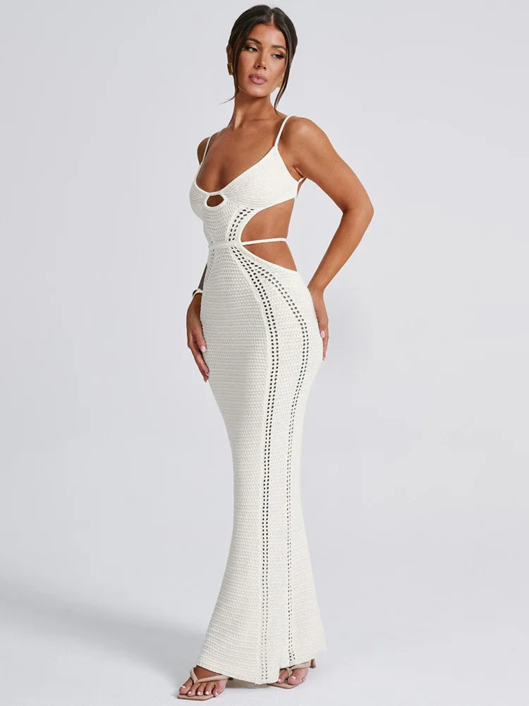 Hollow Knit Spaghetti White Bodycon Dress - Image 4