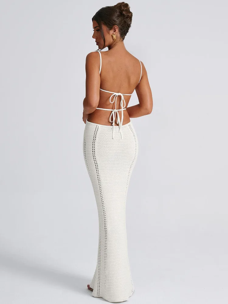 Hollow Knit Spaghetti White Bodycon Dress - Image 5