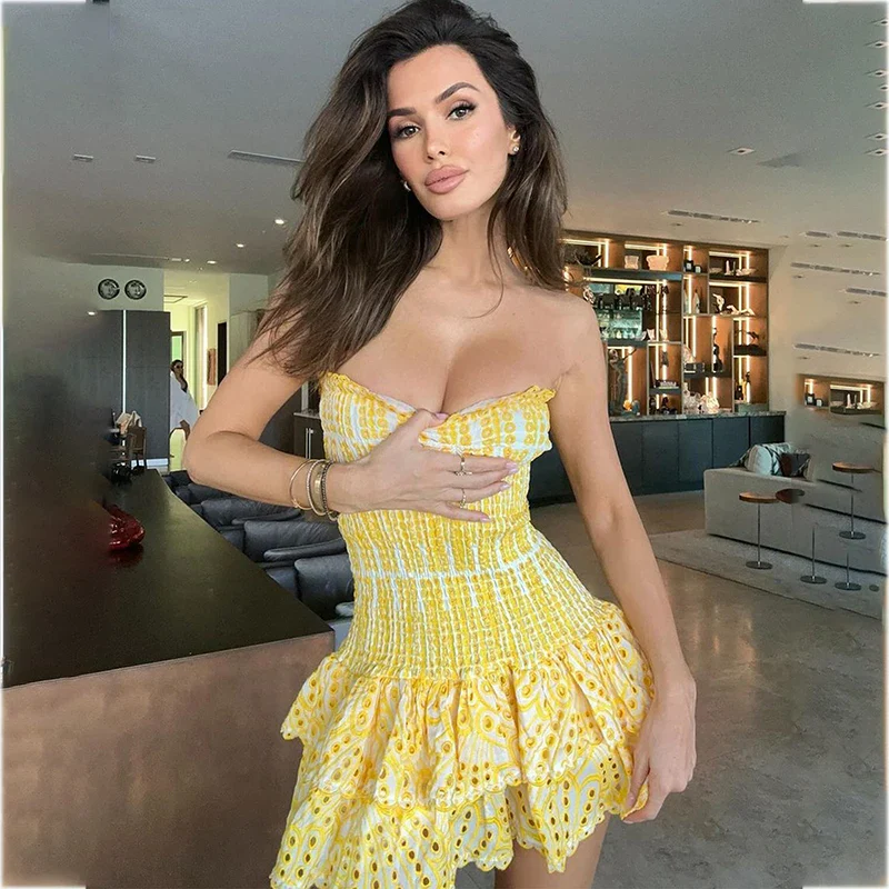 Hollow Strapless Print Slim Pleated Mini Prom Dress - Image 3