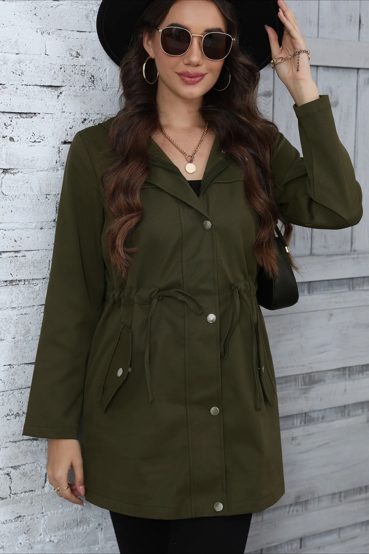 Hooded Mid-Length Waist-Tied Trench Coat - Image 2