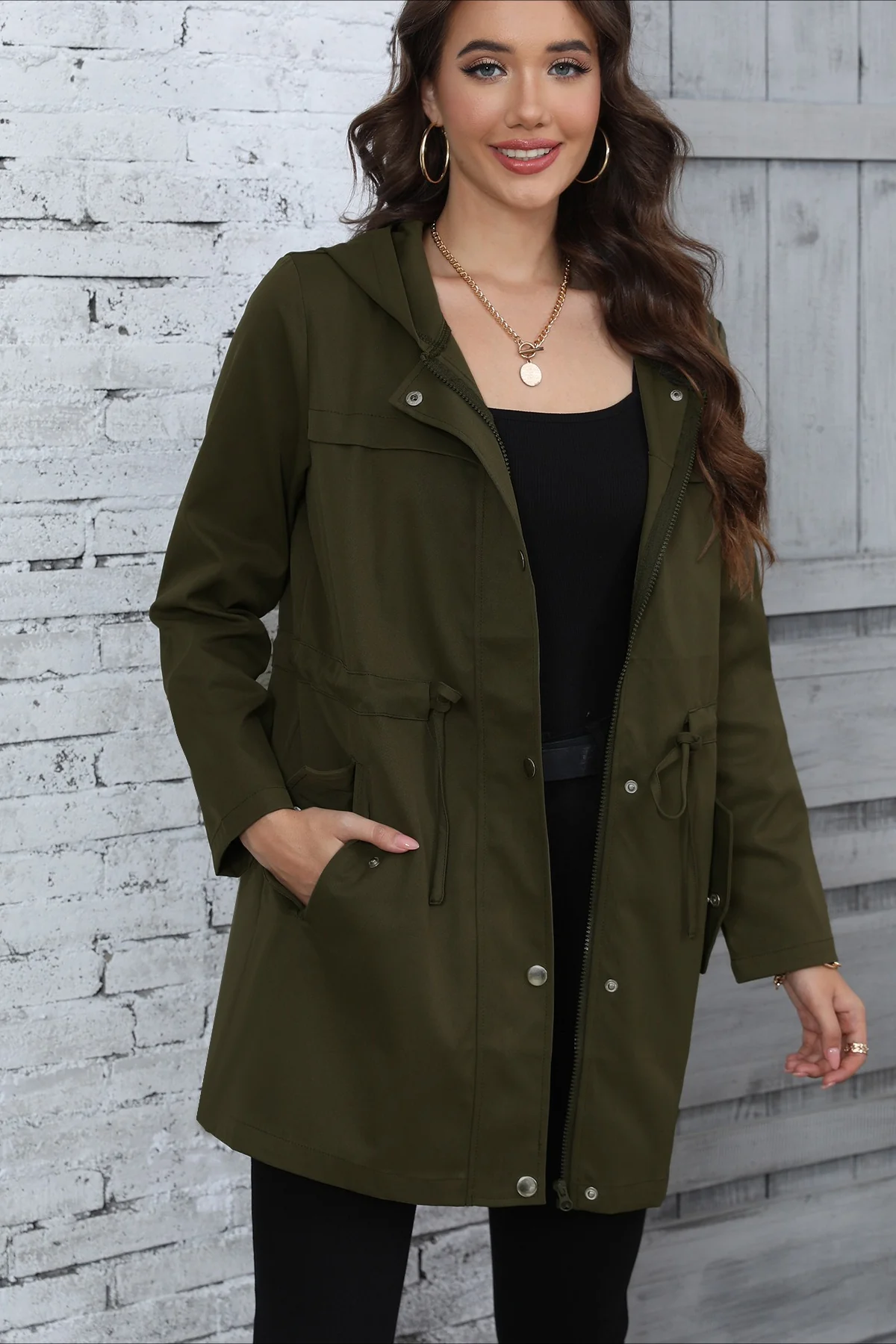 Hooded Mid-Length Waist-Tied Trench Coat - Image 3