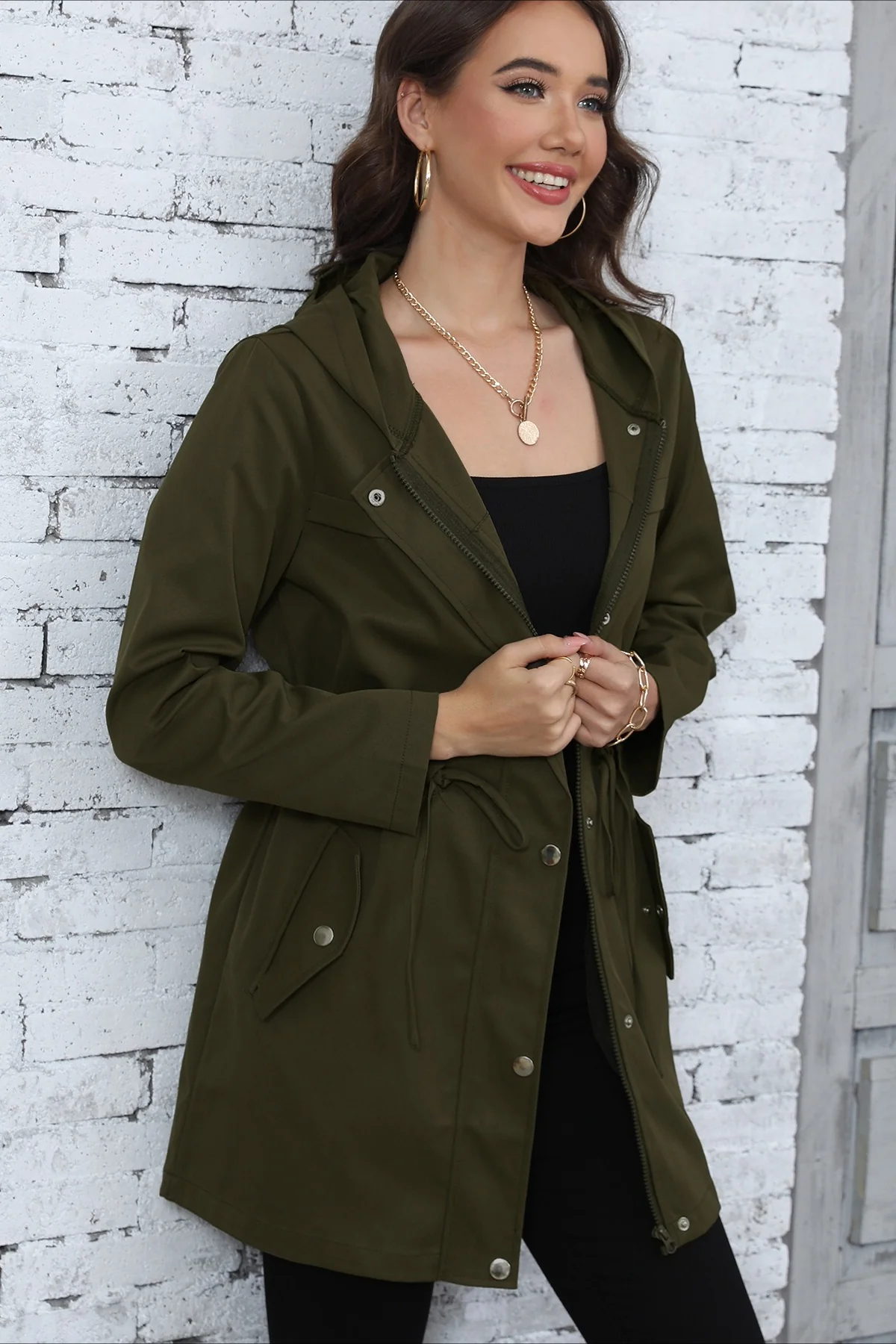Hooded Mid-Length Waist-Tied Trench Coat - Image 4