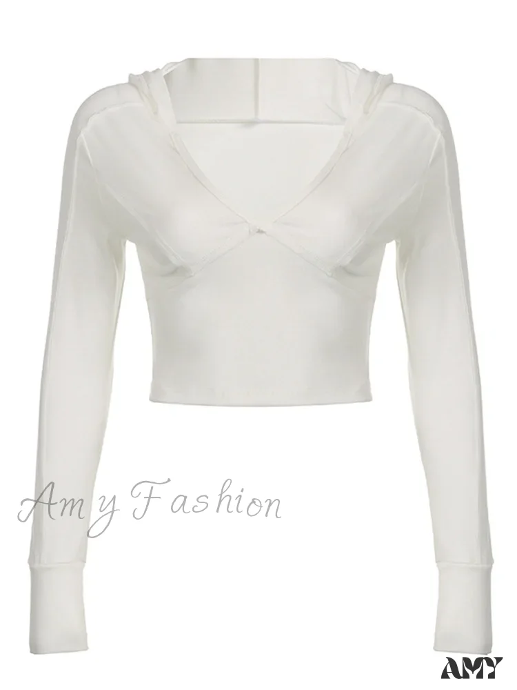 Amy Fashion - Hooded Ribbed Long Sleeve Deep V Neck Solid Color Slim Fit T-shirts - Image 3