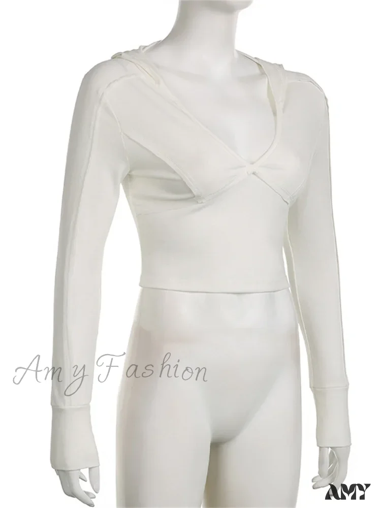 Amy Fashion - Hooded Ribbed Long Sleeve Deep V Neck Solid Color Slim Fit T-shirts - Image 4