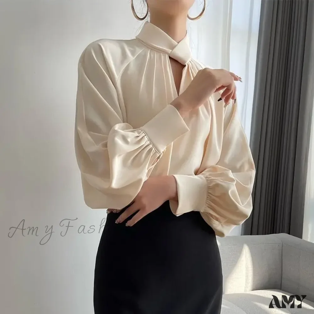 Irregular Ladies Solid Color Temperament Pleated Stand Collar Blouse - Image 2