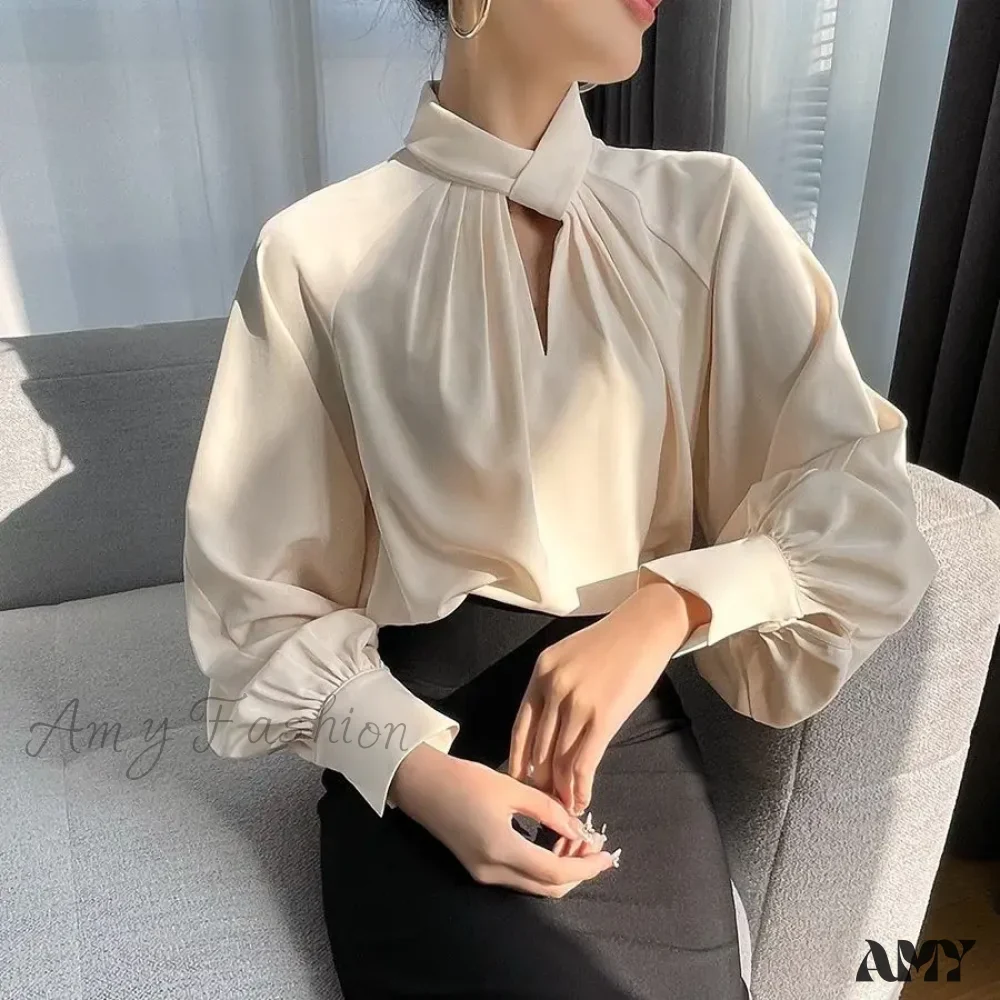 Irregular Ladies Solid Color Temperament Pleated Stand Collar Blouse - Image 4