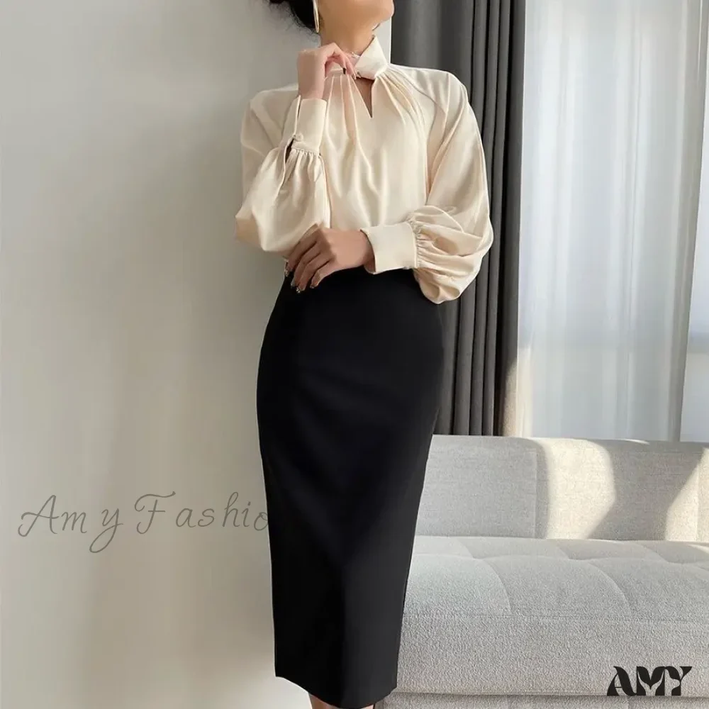 Irregular Ladies Solid Color Temperament Pleated Stand Collar Blouse - Image 5