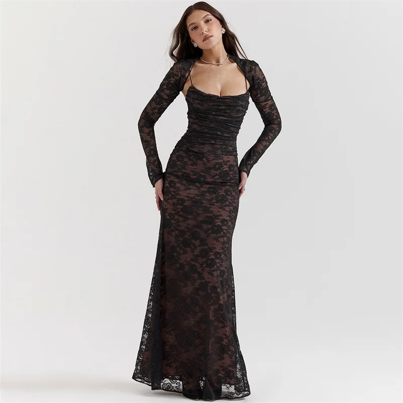 Ivory Lace Two-Piece Sexy Back Tie Prom Dress - Image 3