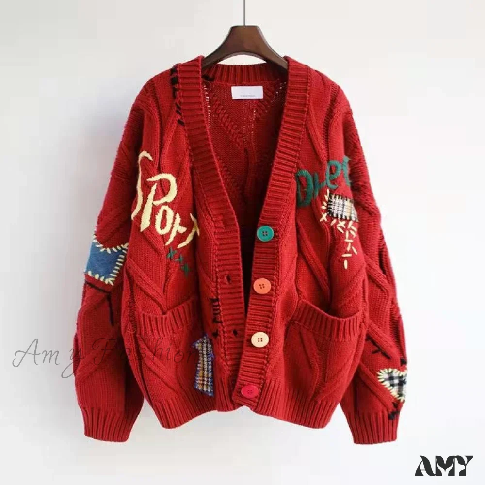 Amy Fashion - Jacket Loose Pocket Embroidery Fashion Knit Cardigan - Image 3