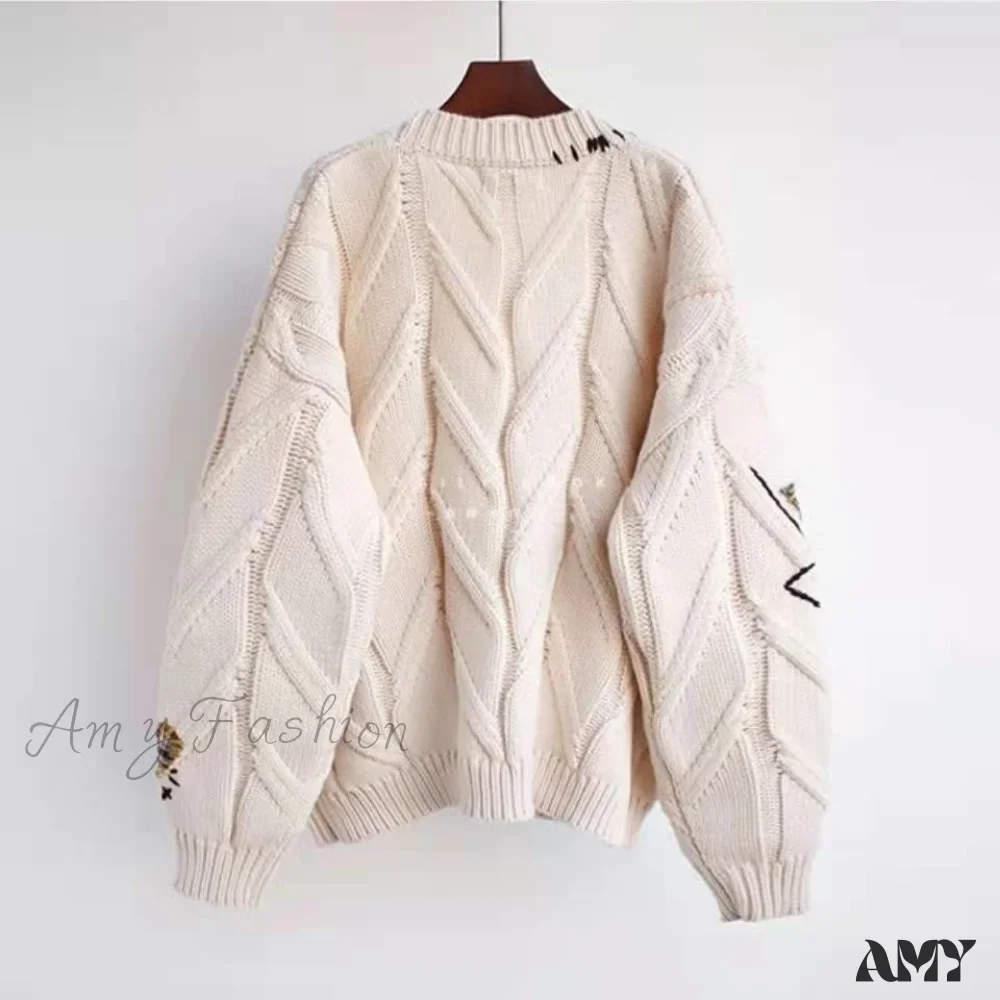Amy Fashion - Jacket Loose Pocket Embroidery Fashion Knit Cardigan - Image 4