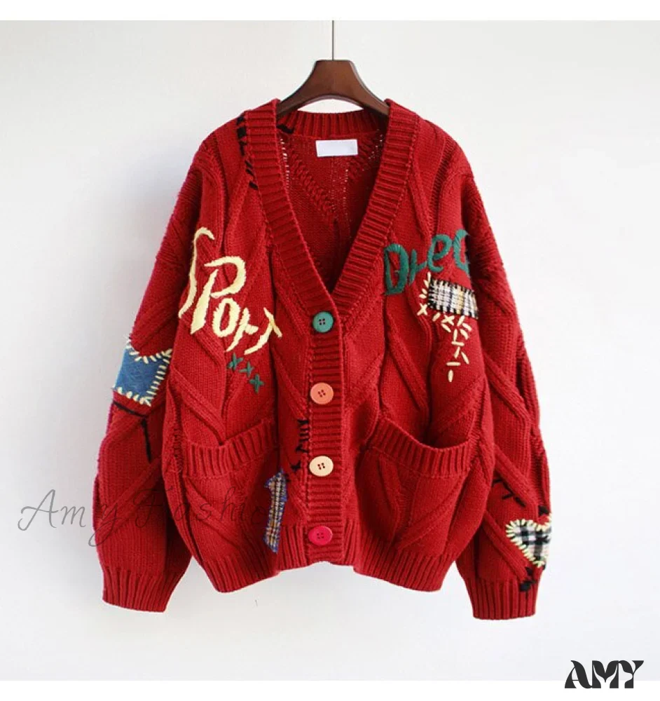 Amy Fashion - Jacket Loose Pocket Embroidery Fashion Knit Cardigan - Image 8