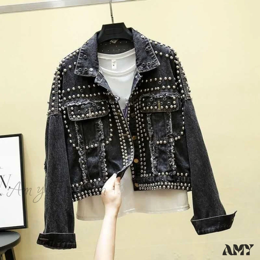 Amy Fashion - Rivet Studded Denim Jacket - Image 3