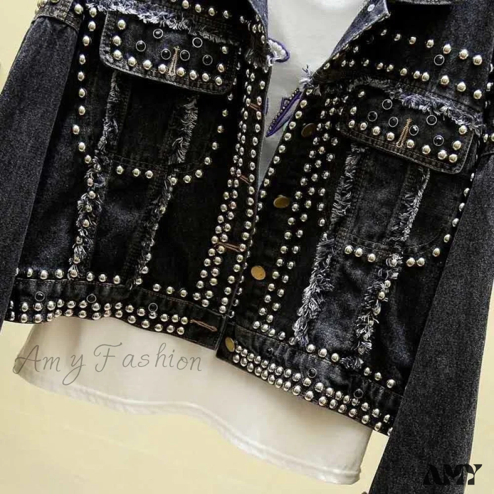 Amy Fashion - Rivet Studded Denim Jacket - Image 5