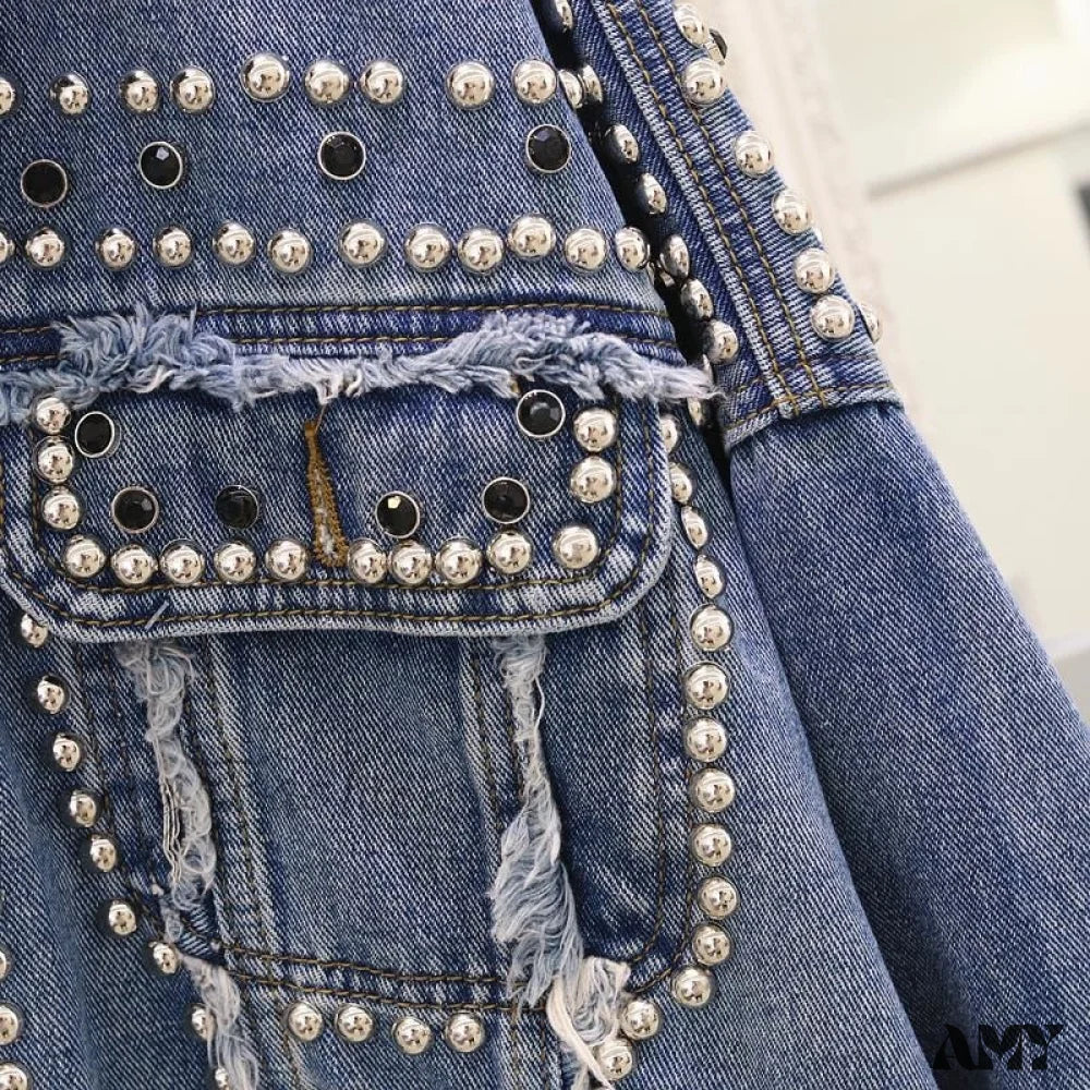 Amy Fashion - Rivet Studded Denim Jacket - Image 6