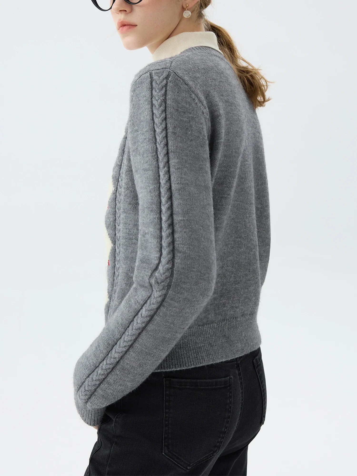Jacquard Round Neck Office Knit Cardigan - Image 3
