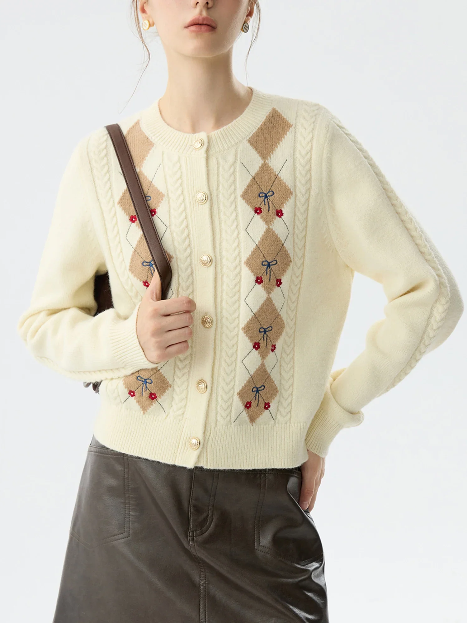 Jacquard Round Neck Office Knit Cardigan - Image 4