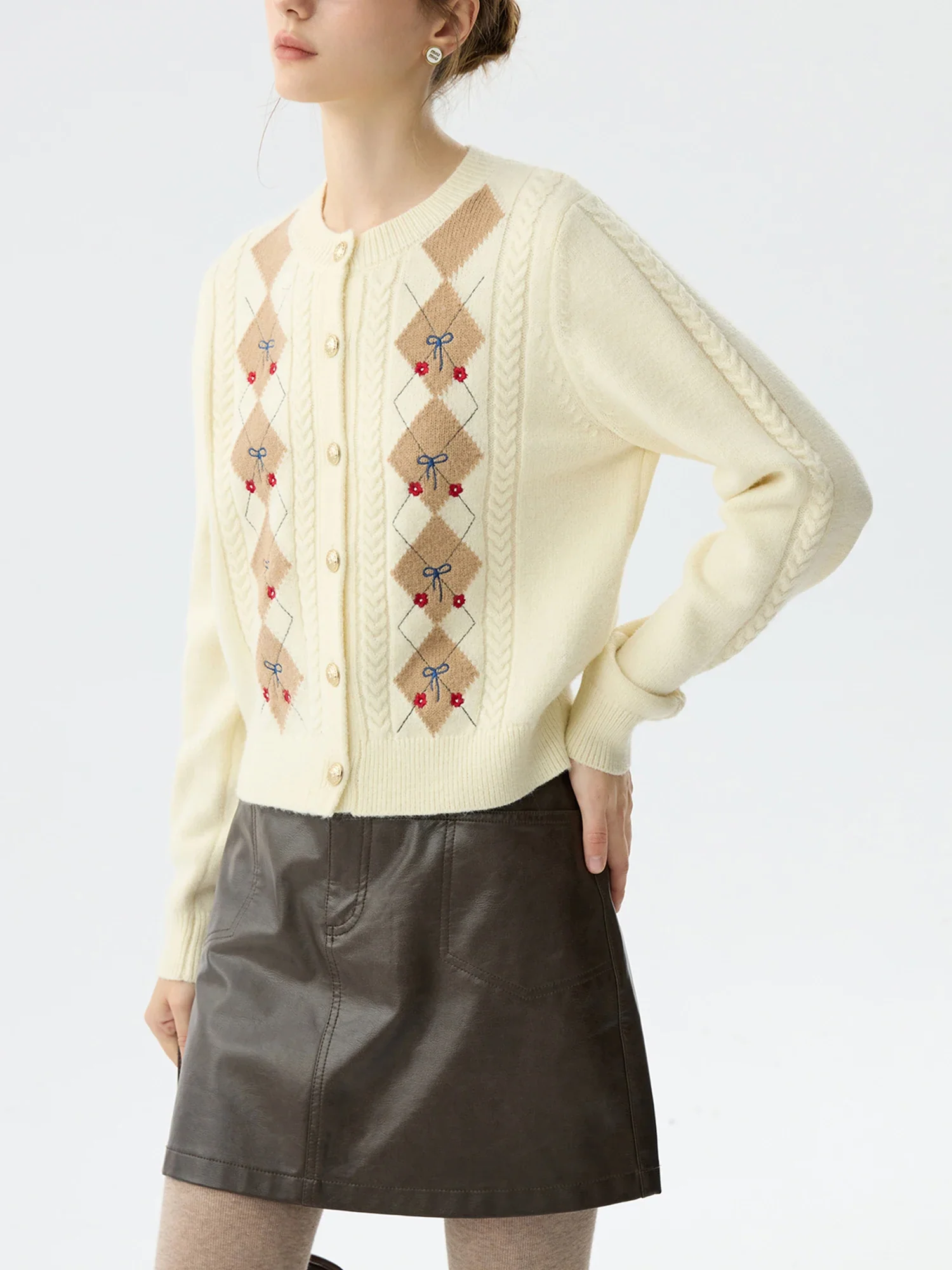Jacquard Round Neck Office Knit Cardigan - Image 5