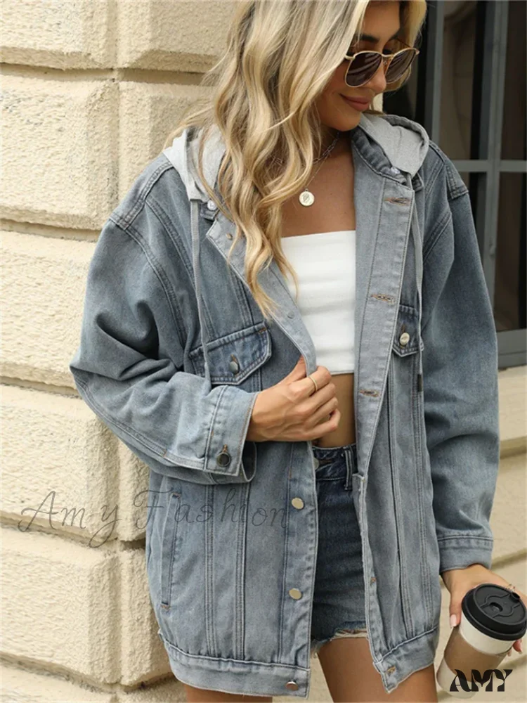 Jean Autumn Oversized Denim Detachable Hoodies Baggy Fashion Jacket - Image 4