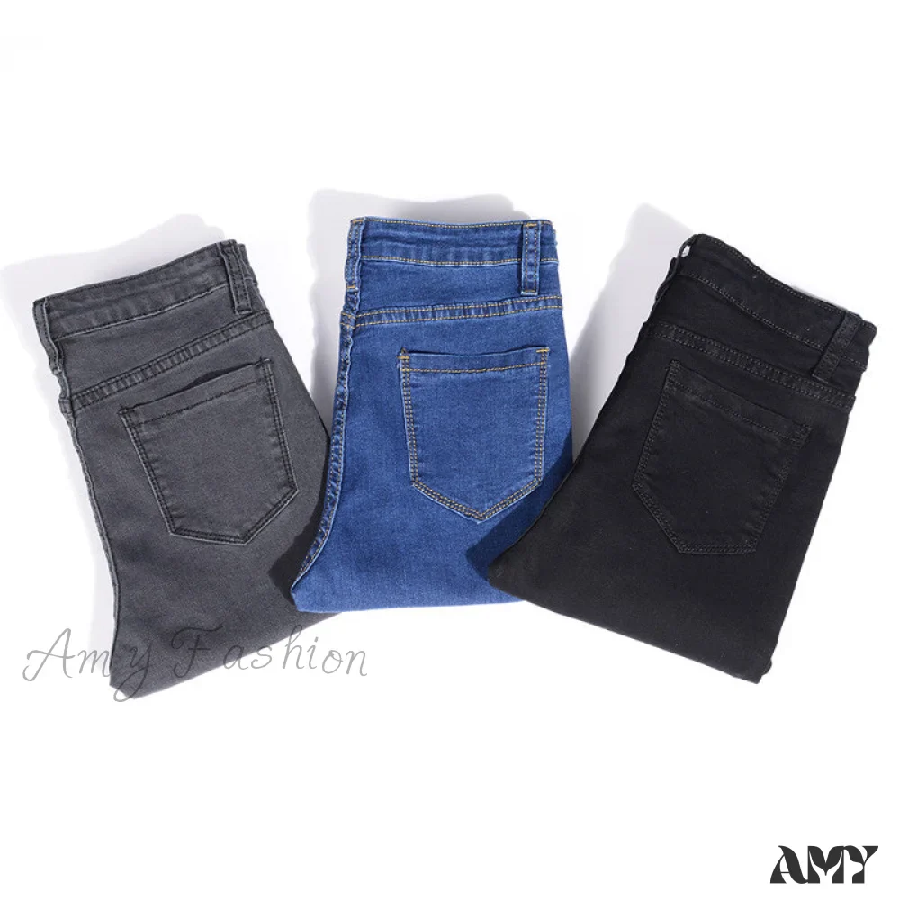 Amy Fashion - Blue Gray Black Woman High Elastic Jeans - Image 5