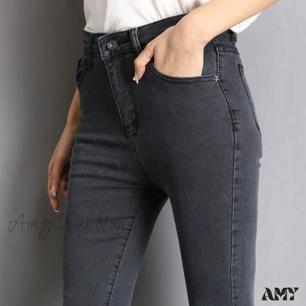 Amy Fashion - Blue Gray Black Woman High Elastic Jeans - Image 8