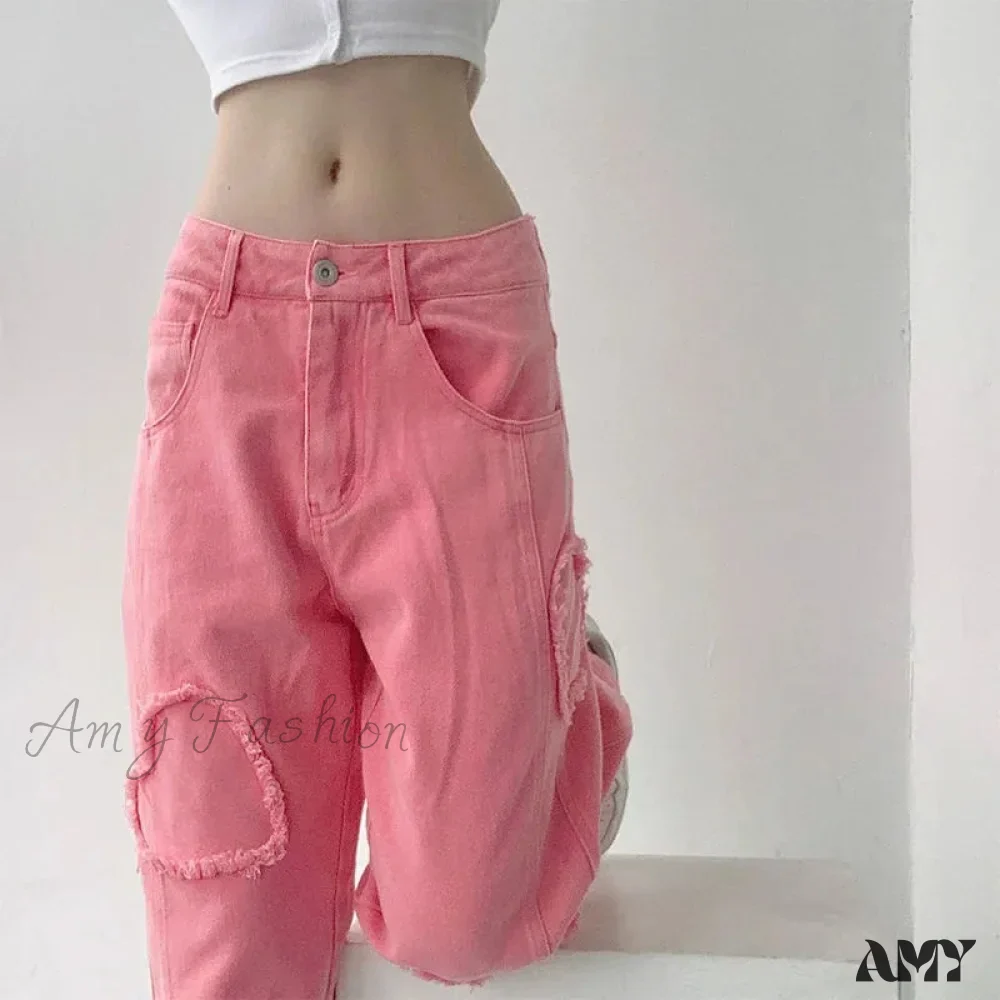 Amy Fashion - Y2K Cute Pink Heart Shape Jeans - Image 4