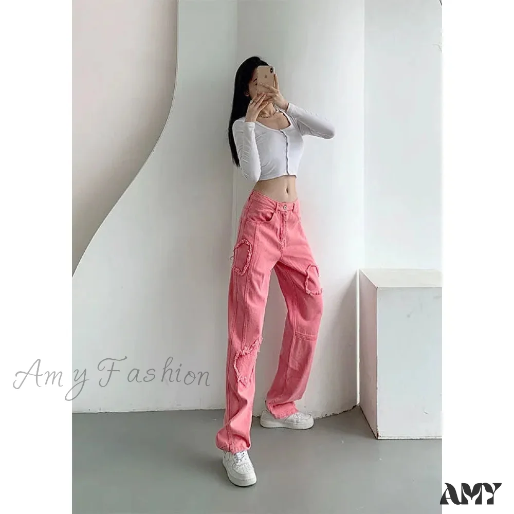 Amy Fashion - Y2K Cute Pink Heart Shape Jeans - Image 7