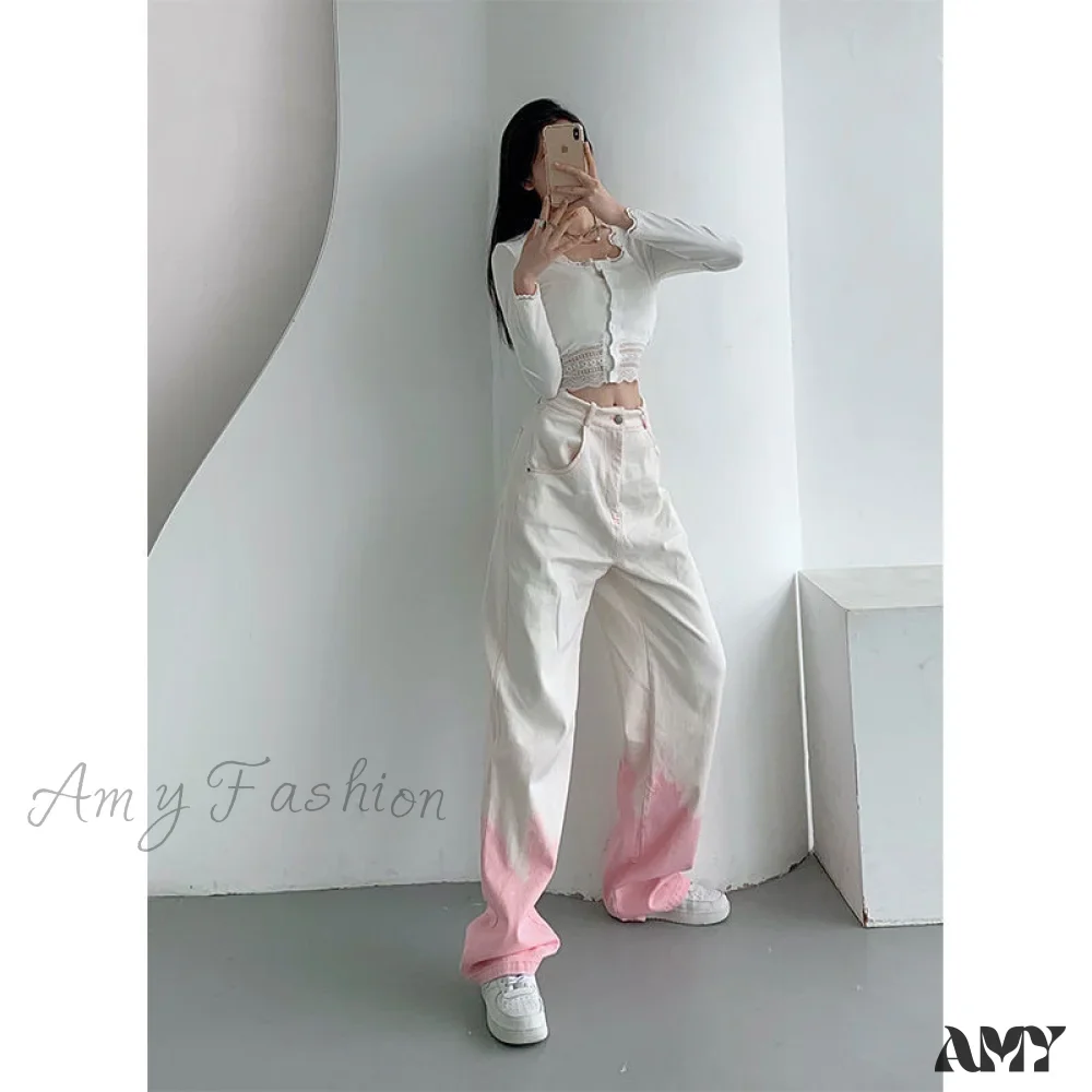 Amy Fashion - Cutie Girl Pink White Pencil Jeans - Image 8